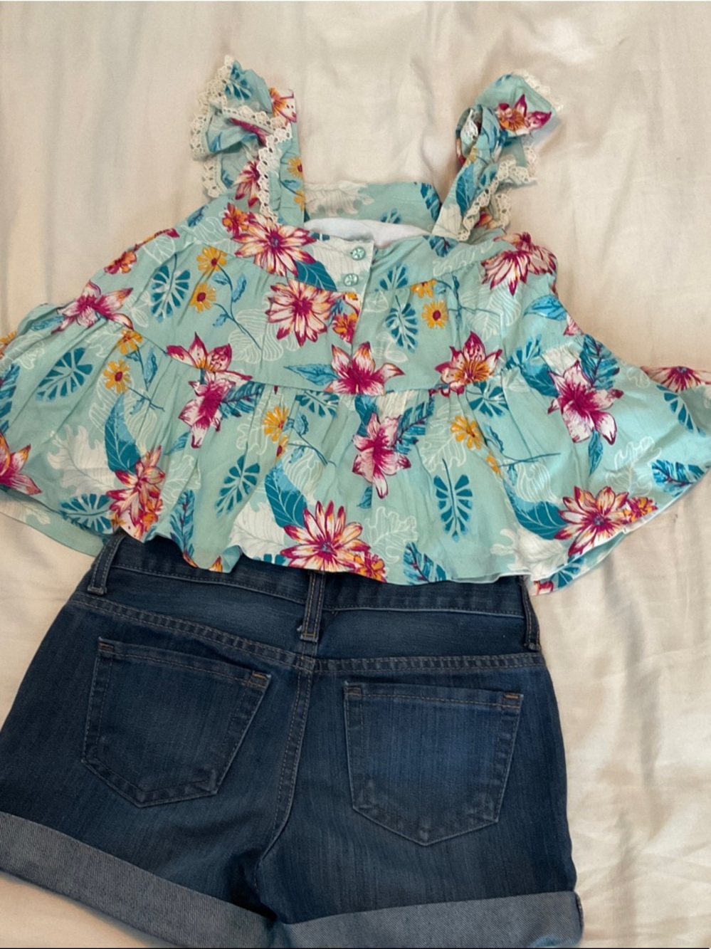Haute Hippie Aqua Floral Ruffle Tank with Lace Straps and Denim Shorts - Picture 2 of 5